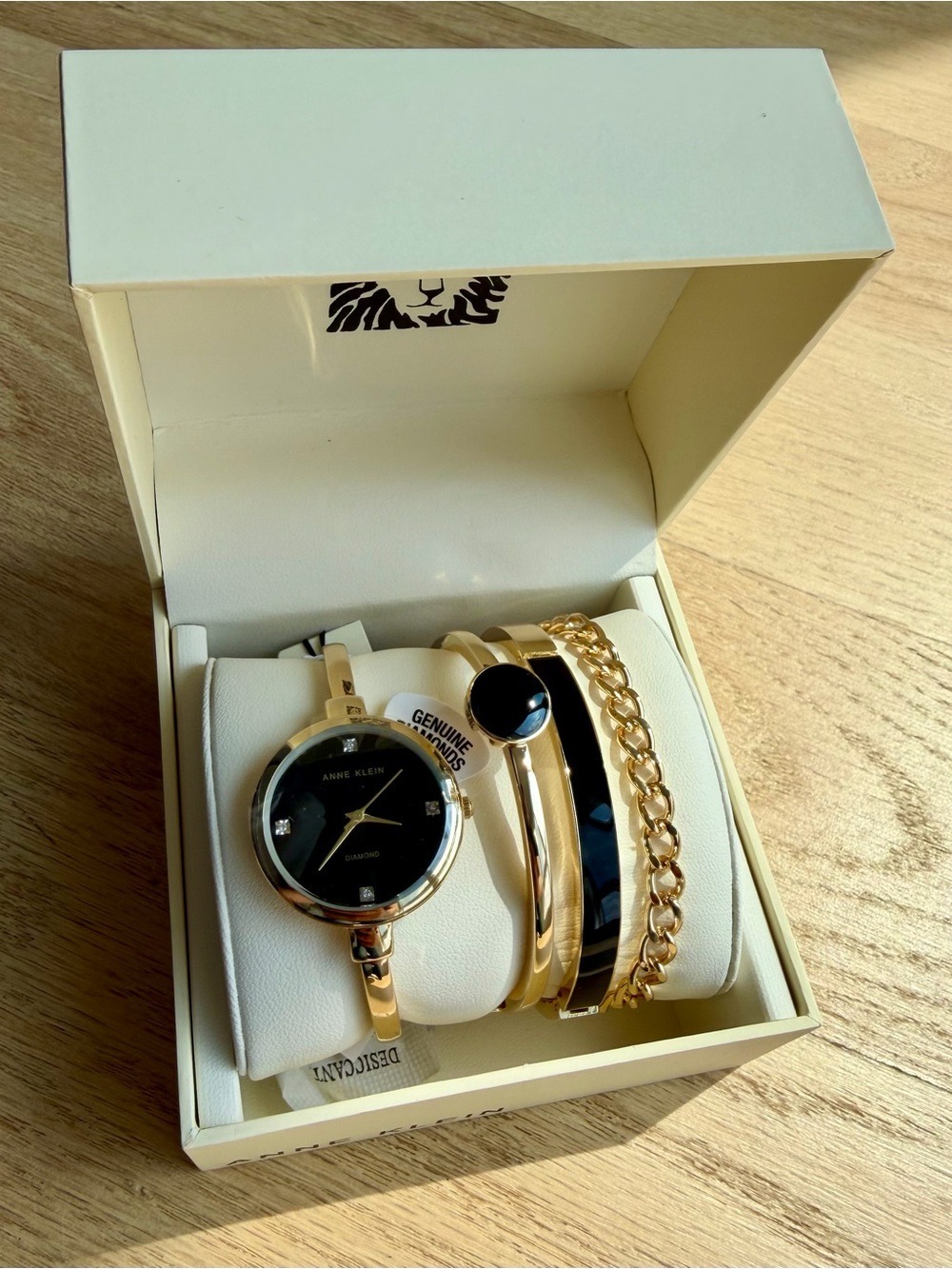 Anne Klein Gold Tone Diamond Watch and Bracelet Set with Black Dial